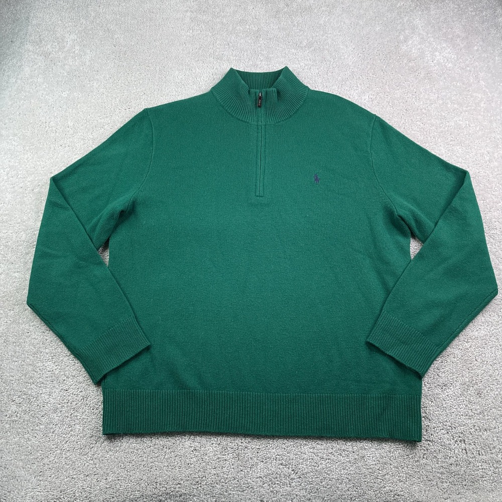 Polo Ralph Lauren Sweater Mens XXL Green Wool Quarter Zip Pullover Classic Logo